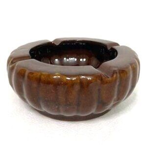 Vtg Nevco Brown Ceramic Ashtray Drip Glazed Round Ribbed MCM Neutral Retro